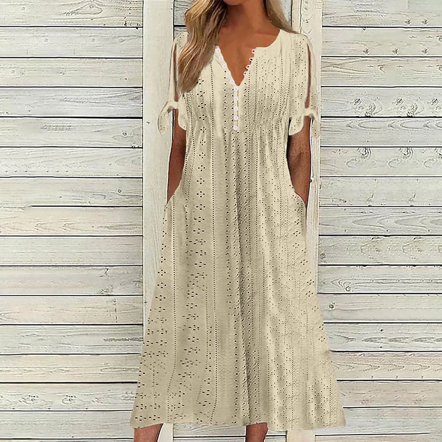 Womens Summer Casual Dresses 2025 Trendy V-Neck Button Down Hollow Out Short Sleeve Dresses Beach Vacation Sundress