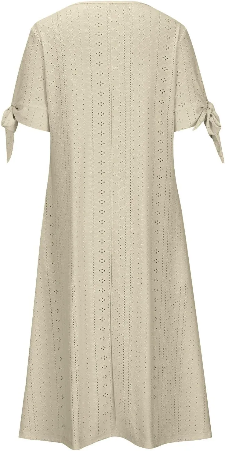 Womens Summer Casual Dresses 2025 Trendy V-Neck Button Down Hollow Out Short Sleeve Dresses Beach Vacation Sundress