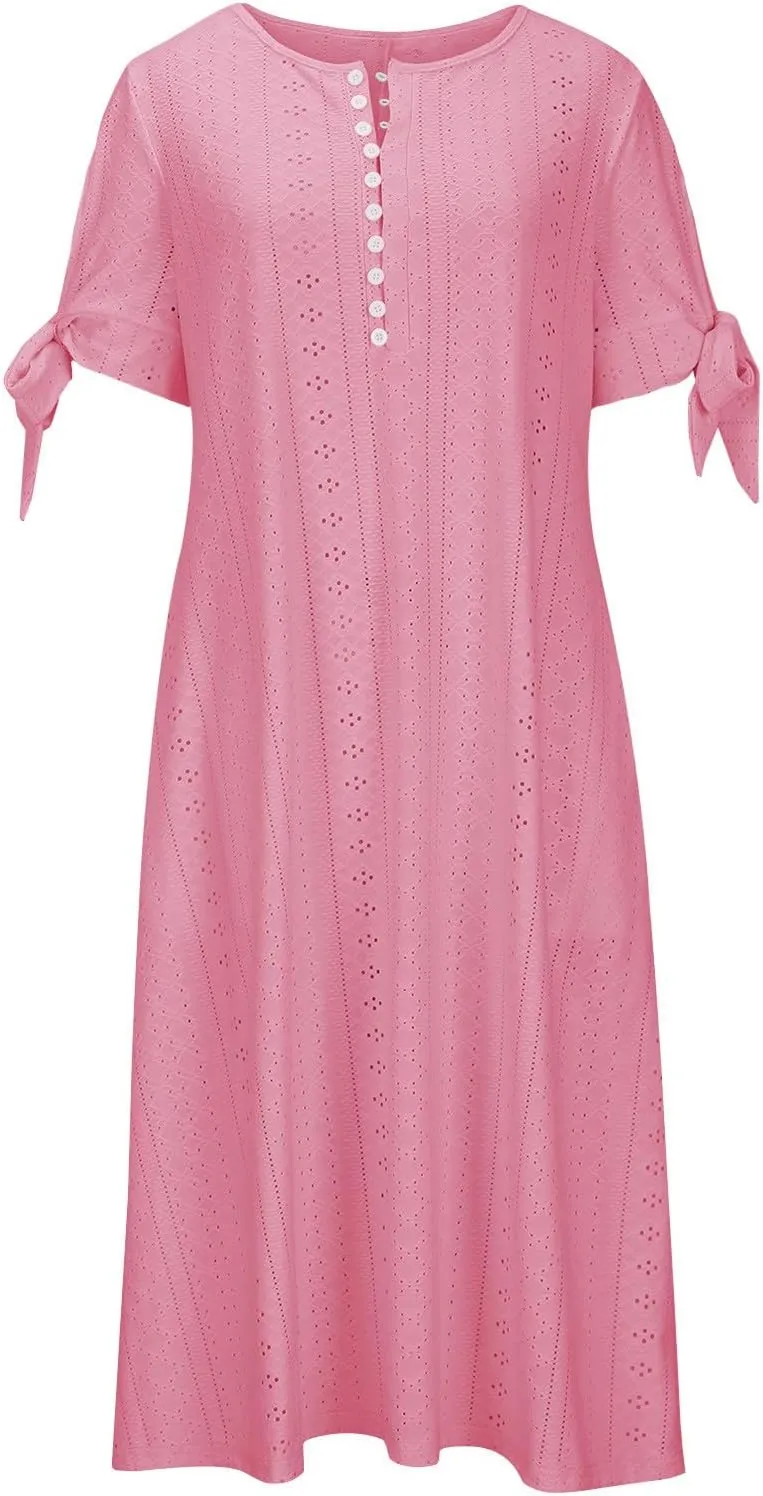 Womens Summer Casual Dresses 2025 Trendy V-Neck Button Down Hollow Out Short Sleeve Dresses Beach Vacation Sundress