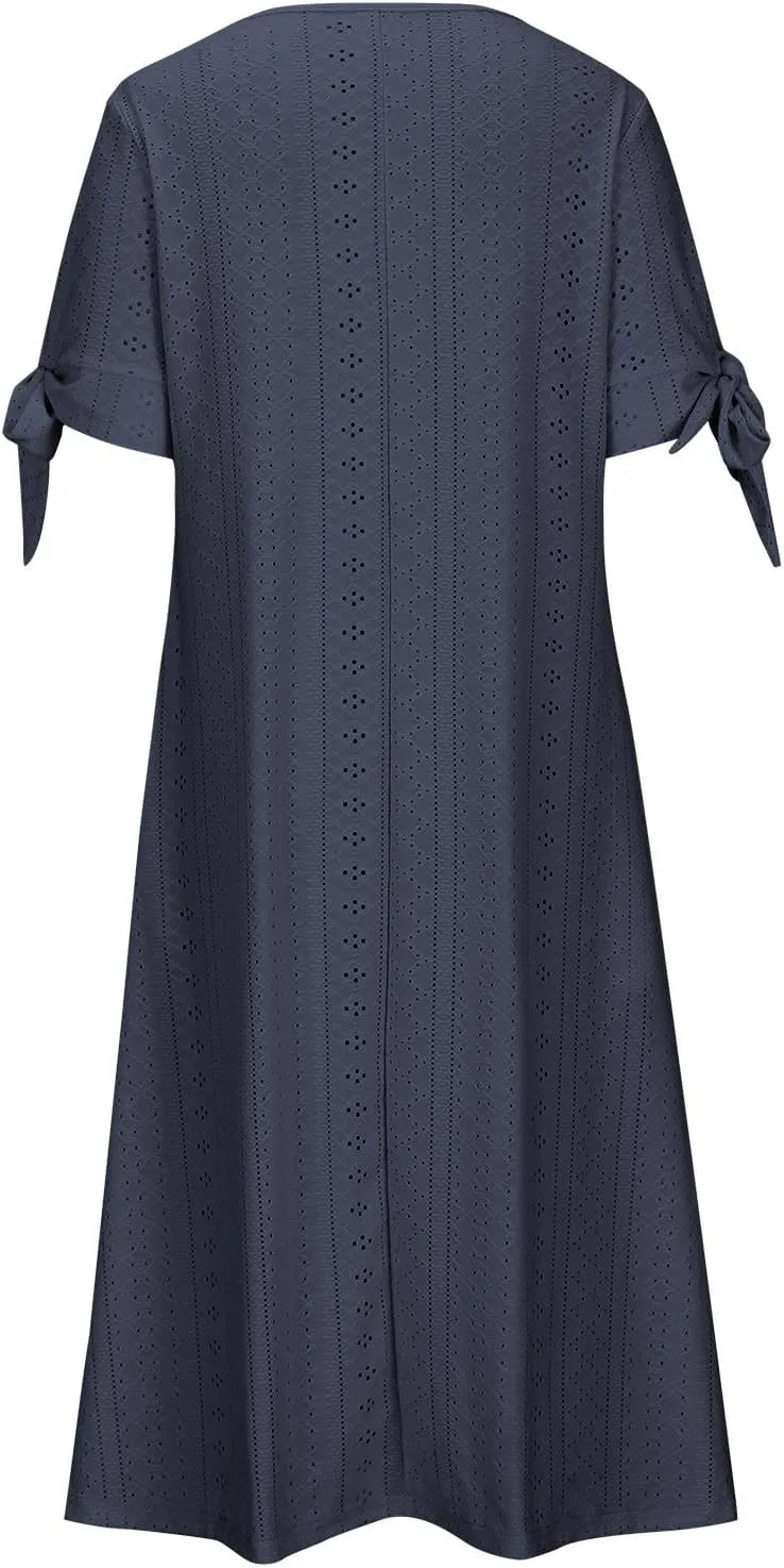 Womens Summer Casual Dresses 2025 Trendy V-Neck Button Down Hollow Out Short Sleeve Dresses Beach Vacation Sundress
