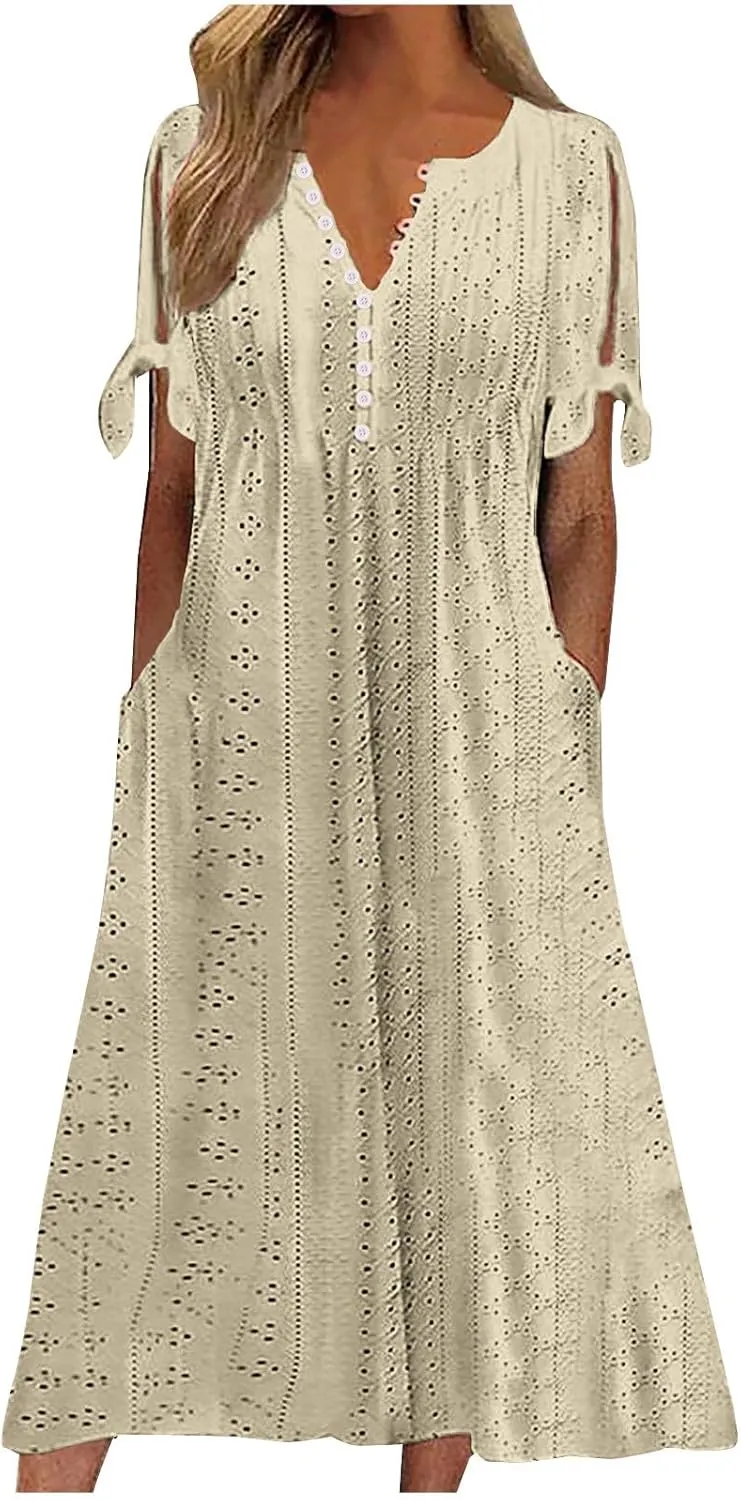Womens Summer Casual Dresses 2025 Trendy V-Neck Button Down Hollow Out Short Sleeve Dresses Beach Vacation Sundress