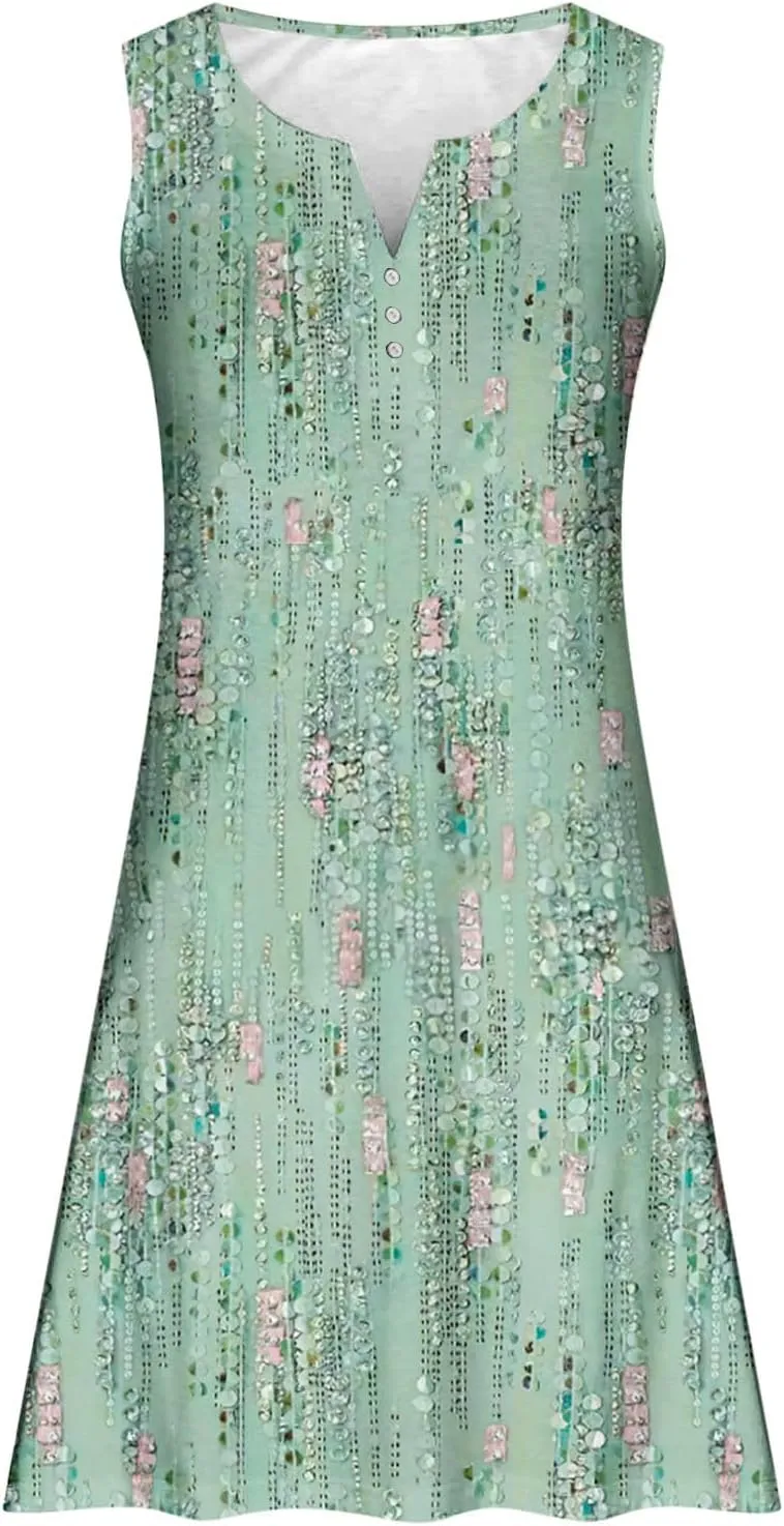 Womens Summer Dress 2024 Casual V Neck Sleeveless Fashion Boho Floral Beach Dress Sundress A-Line Dress