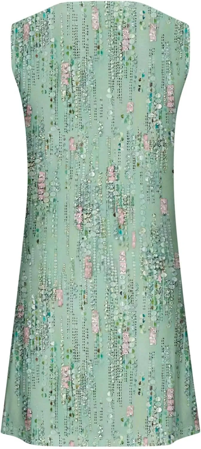 Womens Summer Dress 2024 Casual V Neck Sleeveless Fashion Boho Floral Beach Dress Sundress A-Line Dress