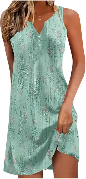 Womens Summer Dress 2024 Casual V Neck Sleeveless Fashion Boho Floral Beach Dress Sundress A-Line Dress