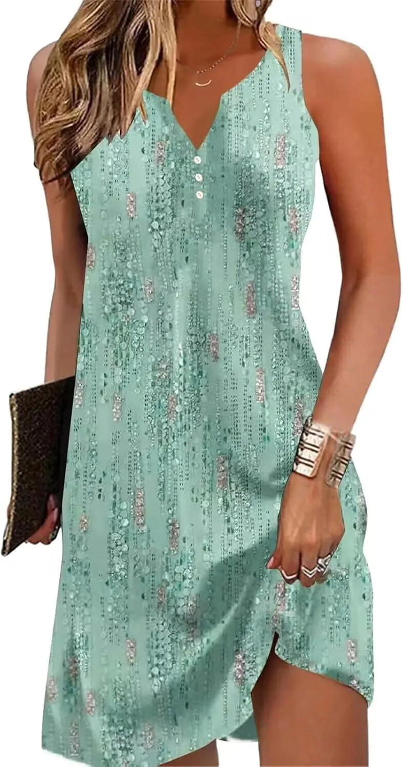 Womens Summer Dress 2024 Casual V Neck Sleeveless Fashion Boho Floral Beach Dress Sundress A-Line Dress