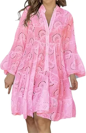 Womens Summer Dress Boho Hollow Out Eyelet Lace Midi Dress Casual Fashion Button Down V Neck Long Sleeve Dresses