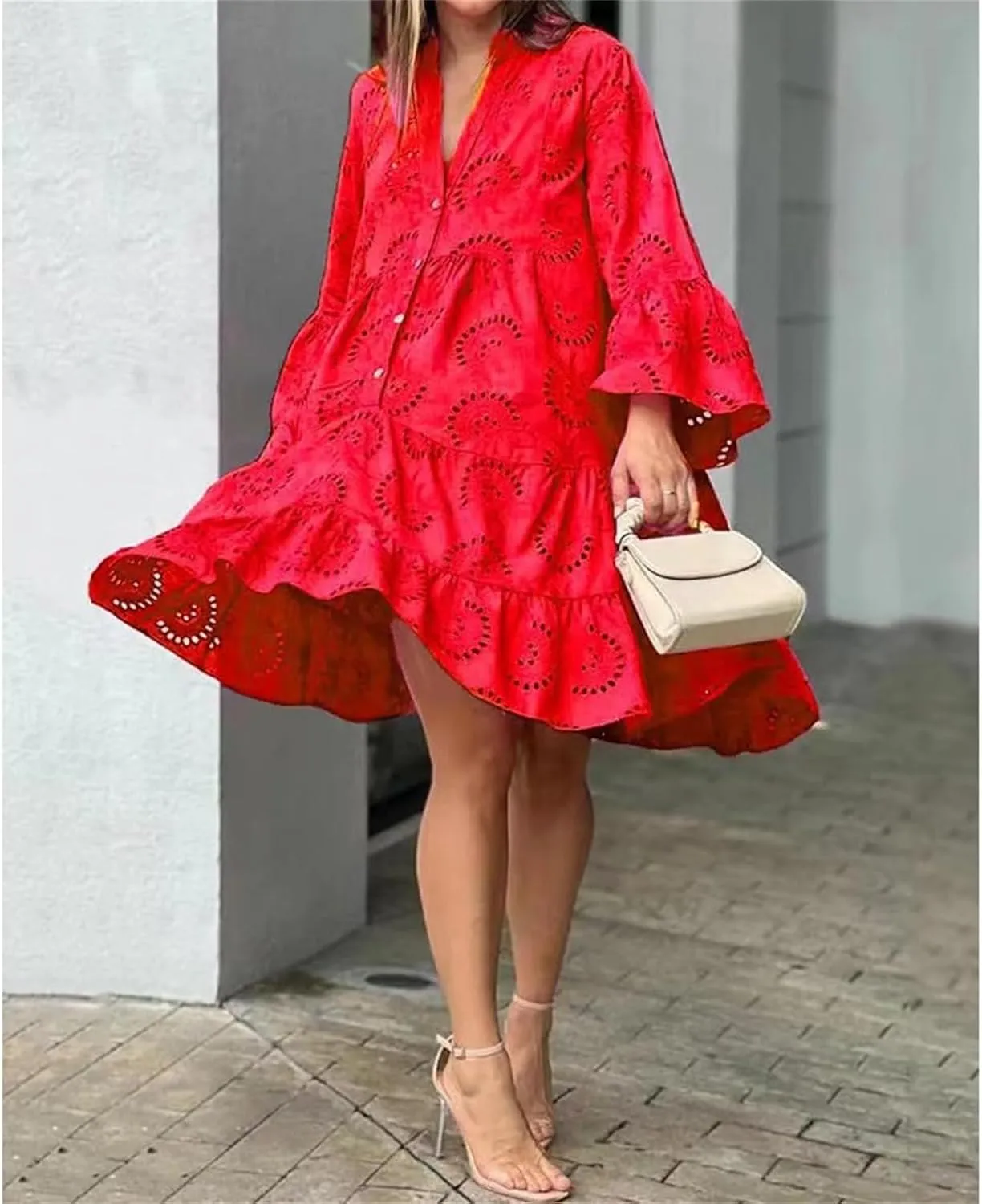 Womens Summer Dress Boho Hollow Out Eyelet Lace Midi Dress Casual Fashion Button Down V Neck Long Sleeve Dresses