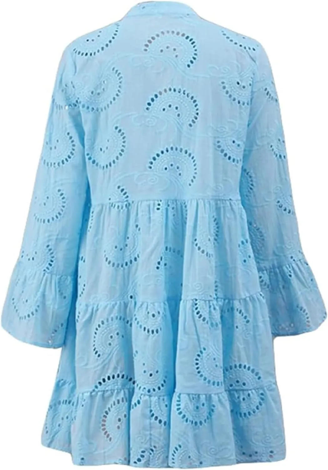 Womens Summer Dress Boho Hollow Out Eyelet Lace Midi Dress Casual Fashion Button Down V Neck Long Sleeve Dresses