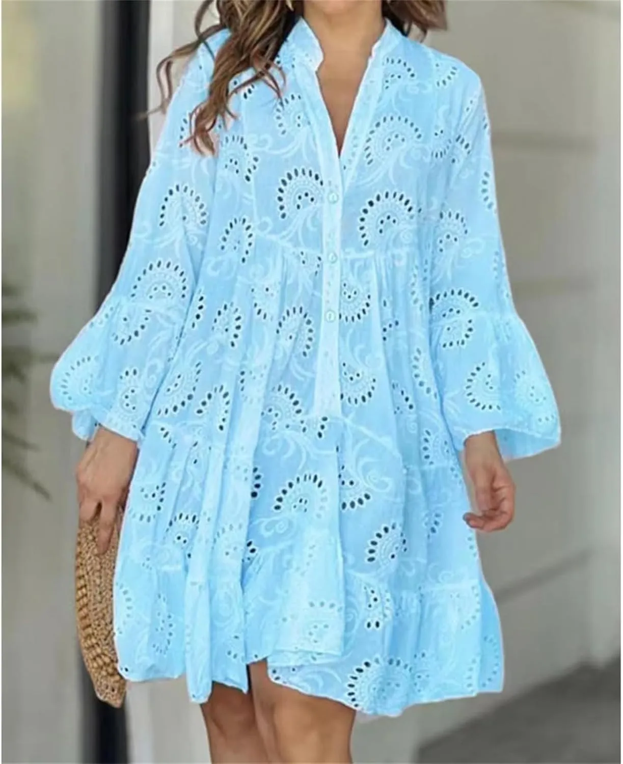 Womens Summer Dress Boho Hollow Out Eyelet Lace Midi Dress Casual Fashion Button Down V Neck Long Sleeve Dresses