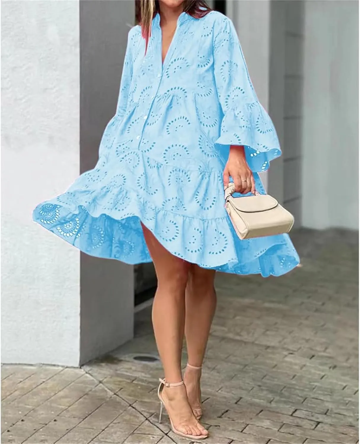 Womens Summer Dress Boho Hollow Out Eyelet Lace Midi Dress Casual Fashion Button Down V Neck Long Sleeve Dresses