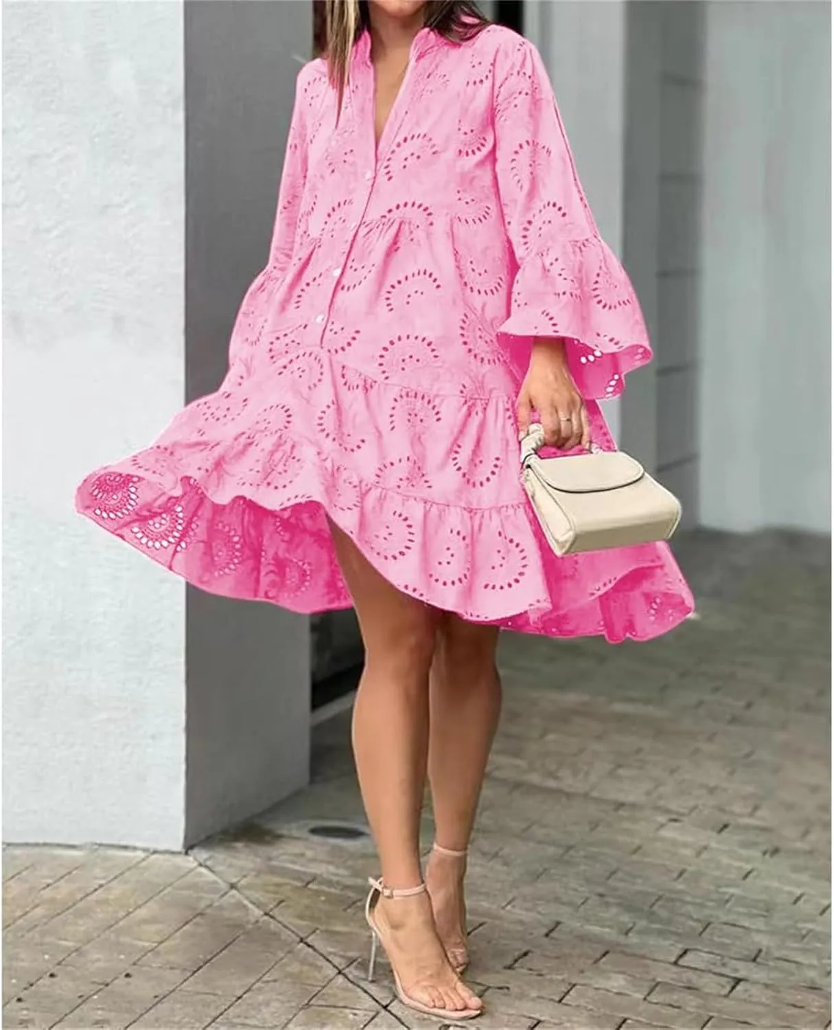 Womens Summer Dress Boho Hollow Out Eyelet Lace Midi Dress Casual Fashion Button Down V Neck Long Sleeve Dresses