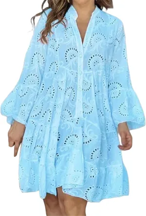 Womens Summer Dress Boho Hollow Out Eyelet Lace Midi Dress Casual Fashion Button Down V Neck Long Sleeve Dresses