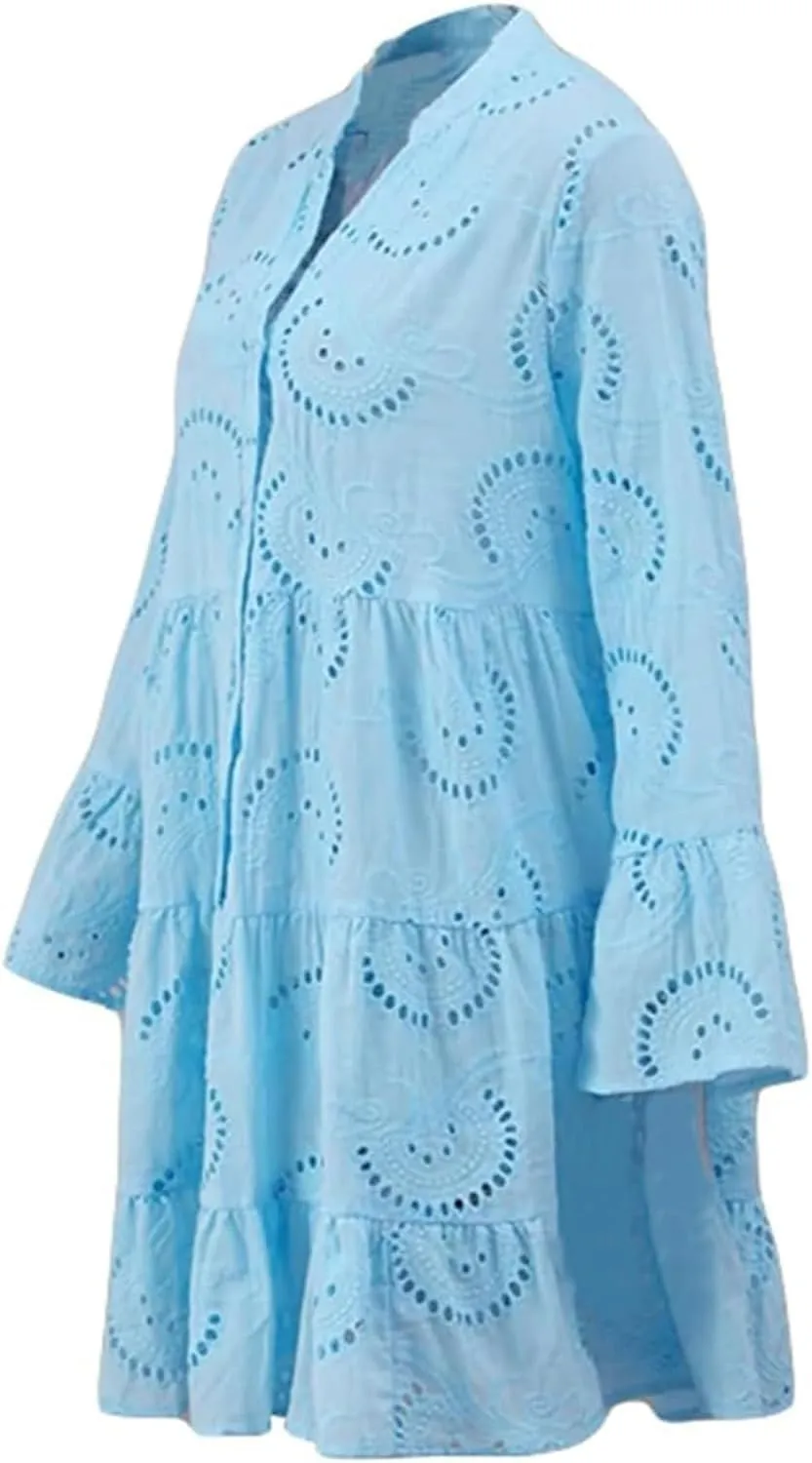 Womens Summer Dress Boho Hollow Out Eyelet Lace Midi Dress Casual Fashion Button Down V Neck Long Sleeve Dresses