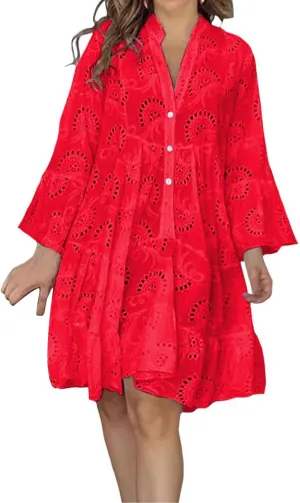Womens Summer Dress Boho Hollow Out Eyelet Lace Midi Dress Casual Fashion Button Down V Neck Long Sleeve Dresses