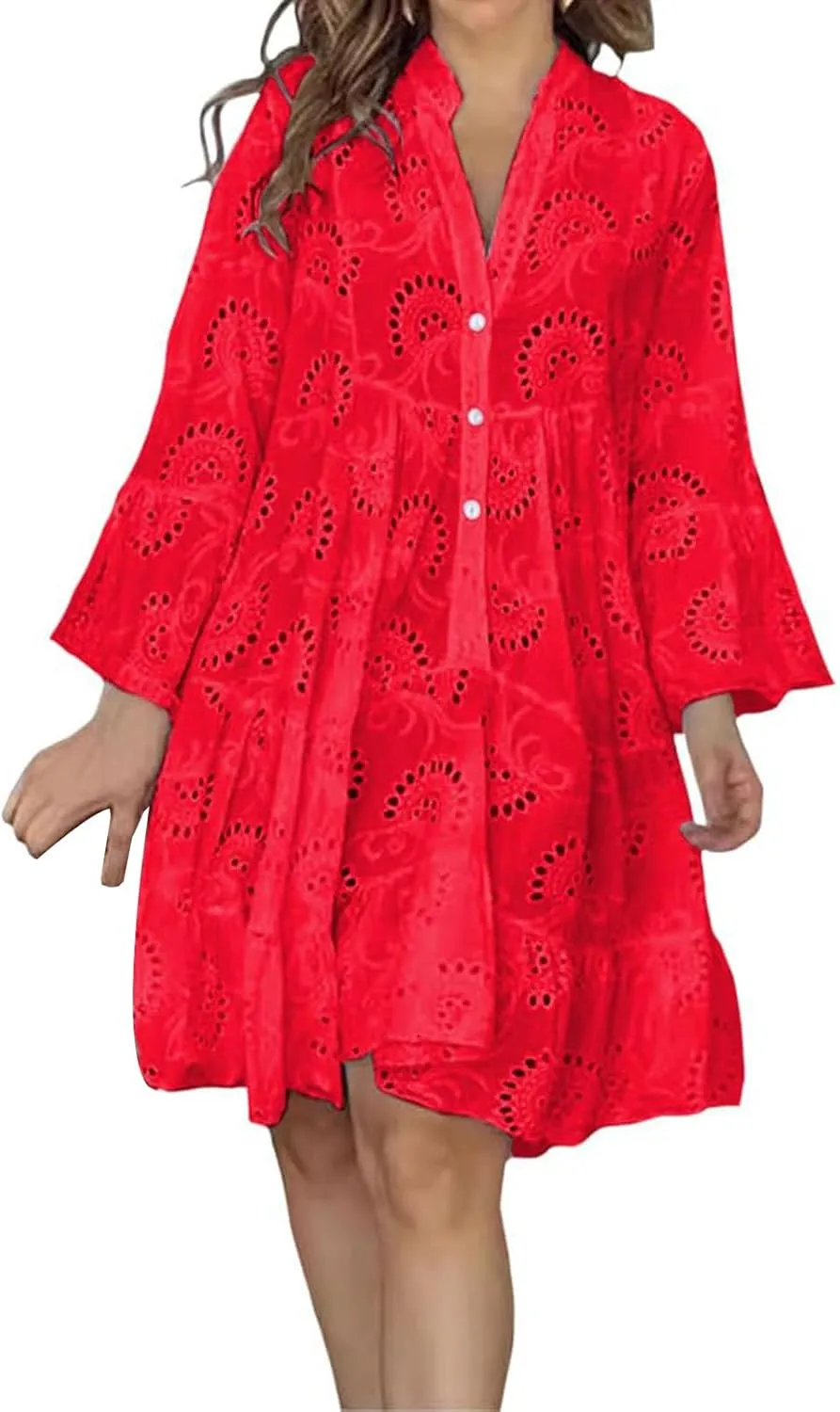 Womens Summer Dress Boho Hollow Out Eyelet Lace Midi Dress Casual Fashion Button Down V Neck Long Sleeve Dresses