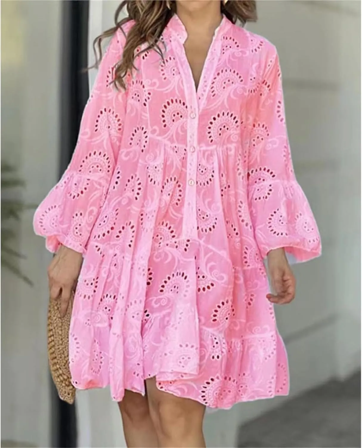 Womens Summer Dress Boho Hollow Out Eyelet Lace Midi Dress Casual Fashion Button Down V Neck Long Sleeve Dresses