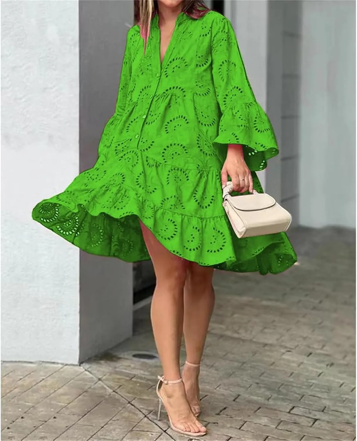 Womens Summer Dress Boho Hollow Out Eyelet Lace Midi Dress Casual Fashion Button Down V Neck Long Sleeve Dresses