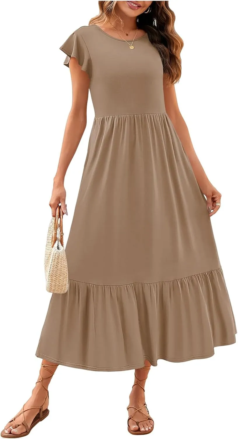 Women's Summer Dress Crew Neck Short Sleeve Dresses Casual Midi Dresses Smocked Elastic Waist Tiered A-Line Dress