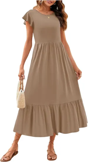Women's Summer Dress Crew Neck Short Sleeve Dresses Casual Midi Dresses Smocked Elastic Waist Tiered A-Line Dress