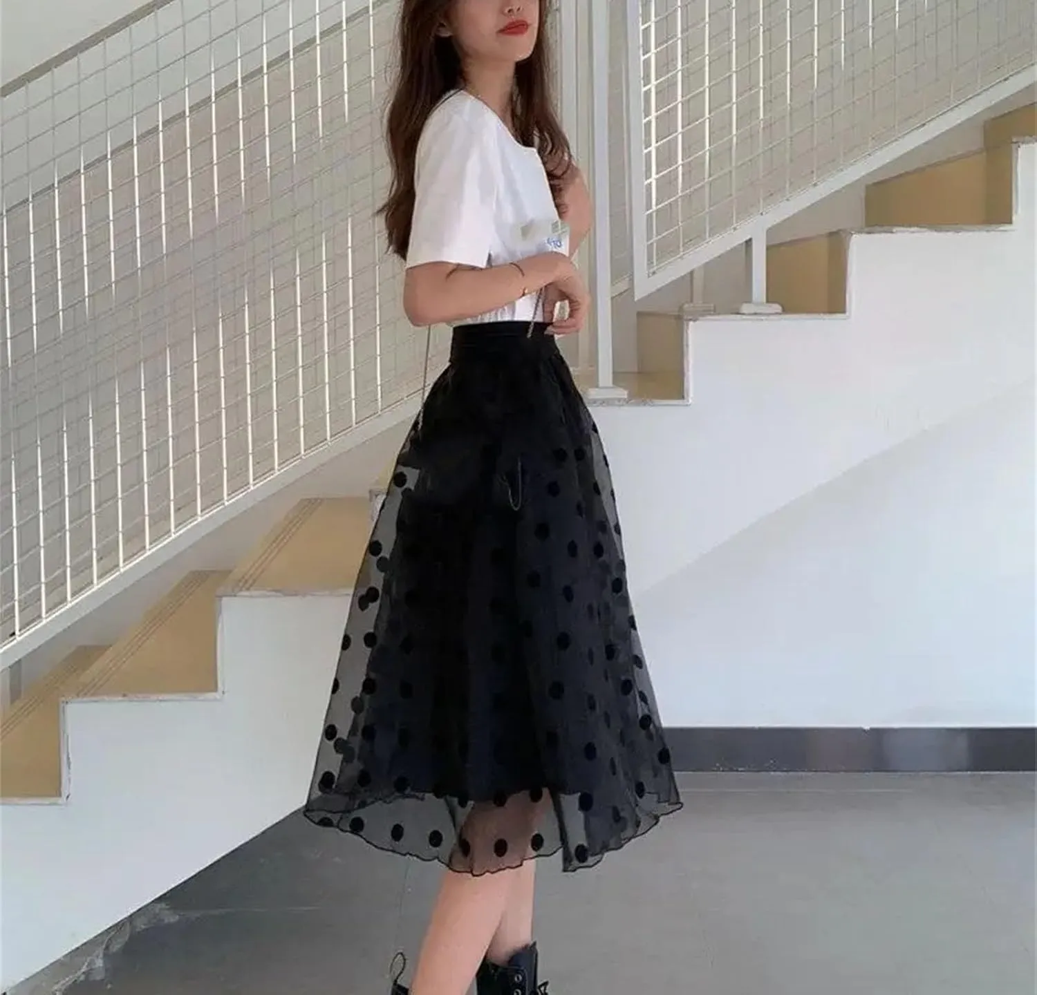 Women's Summer Elastic High Waist Casual Skirt Printed Mesh Loose A-Line Skirts