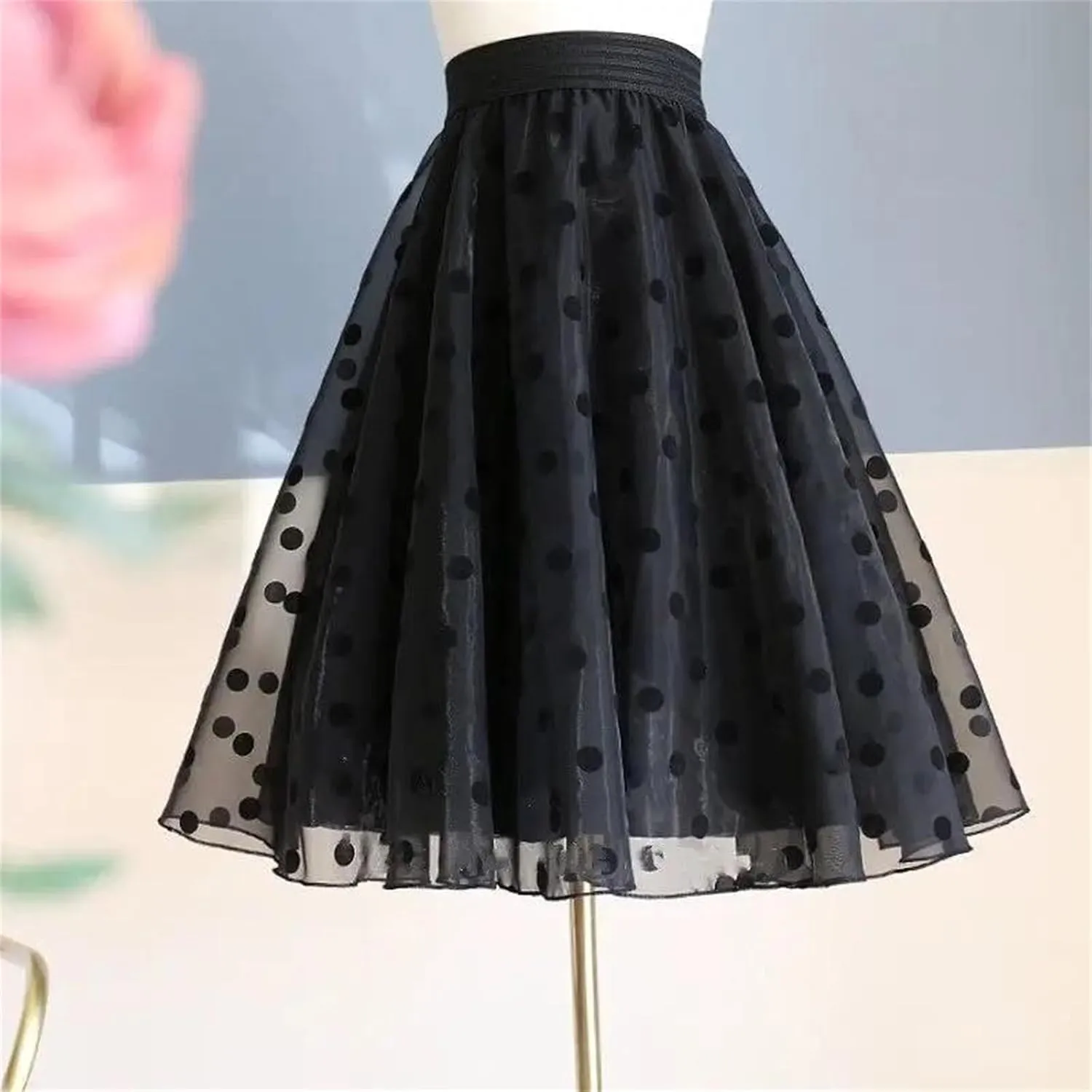 Women's Summer Elastic High Waist Casual Skirt Printed Mesh Loose A-Line Skirts