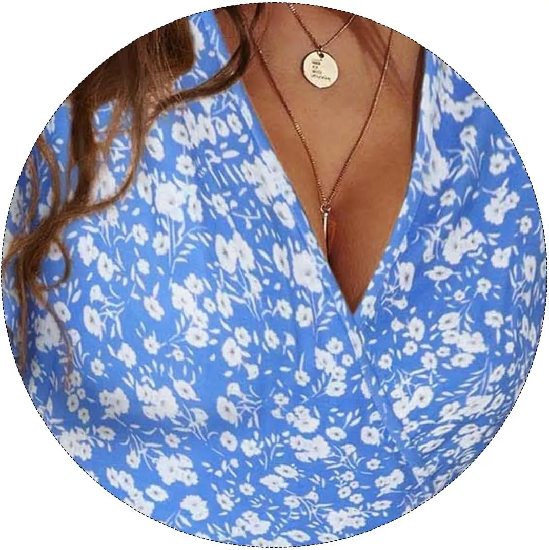 Womens Summer Floral Sundress Short Sleeve Dresses V Neck Flowy Beach Casual Comfy Dresses