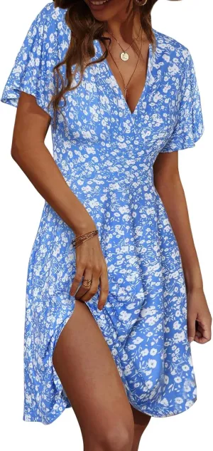 Womens Summer Floral Sundress Short Sleeve Dresses V Neck Flowy Beach Casual Comfy Dresses