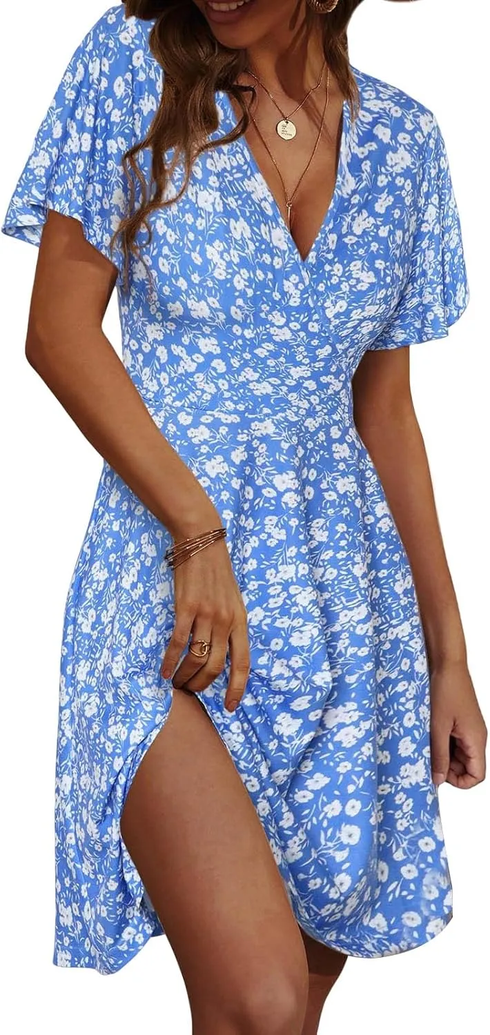 Womens Summer Floral Sundress Short Sleeve Dresses V Neck Flowy Beach Casual Comfy Dresses