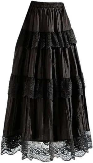 Women's Summer Lace Patchwork Long Skirts High Waist Solid Pleated A-Line Skirts