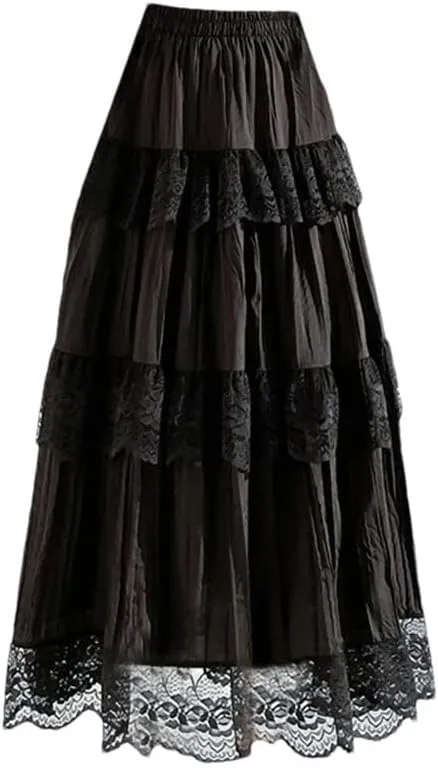 Women's Summer Lace Patchwork Long Skirts High Waist Solid Pleated A-Line Skirts