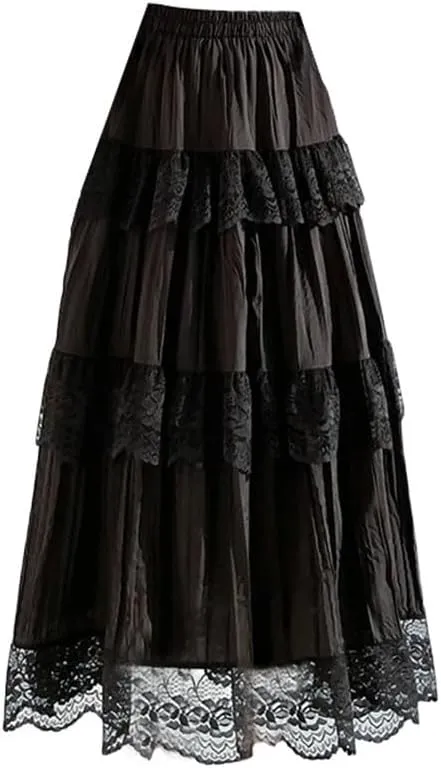 Women's Summer Lace Patchwork Long Skirts High Waist Solid Pleated A-Line Skirts
