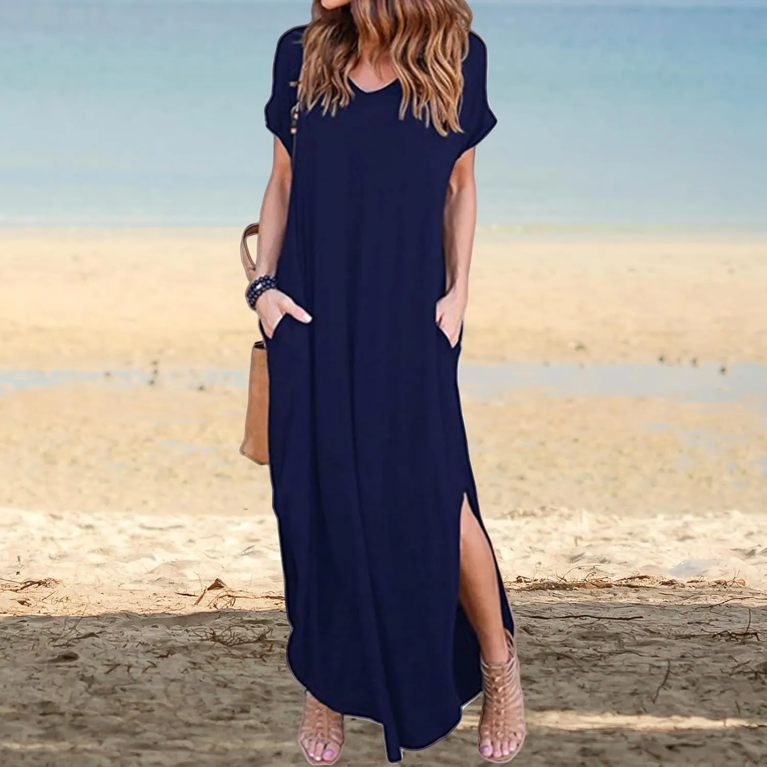 Women's Summer Maxi Dress V Neck Short Sleeve Dresses Long Beach Split Dress Casual Loose Sundress with Pockets