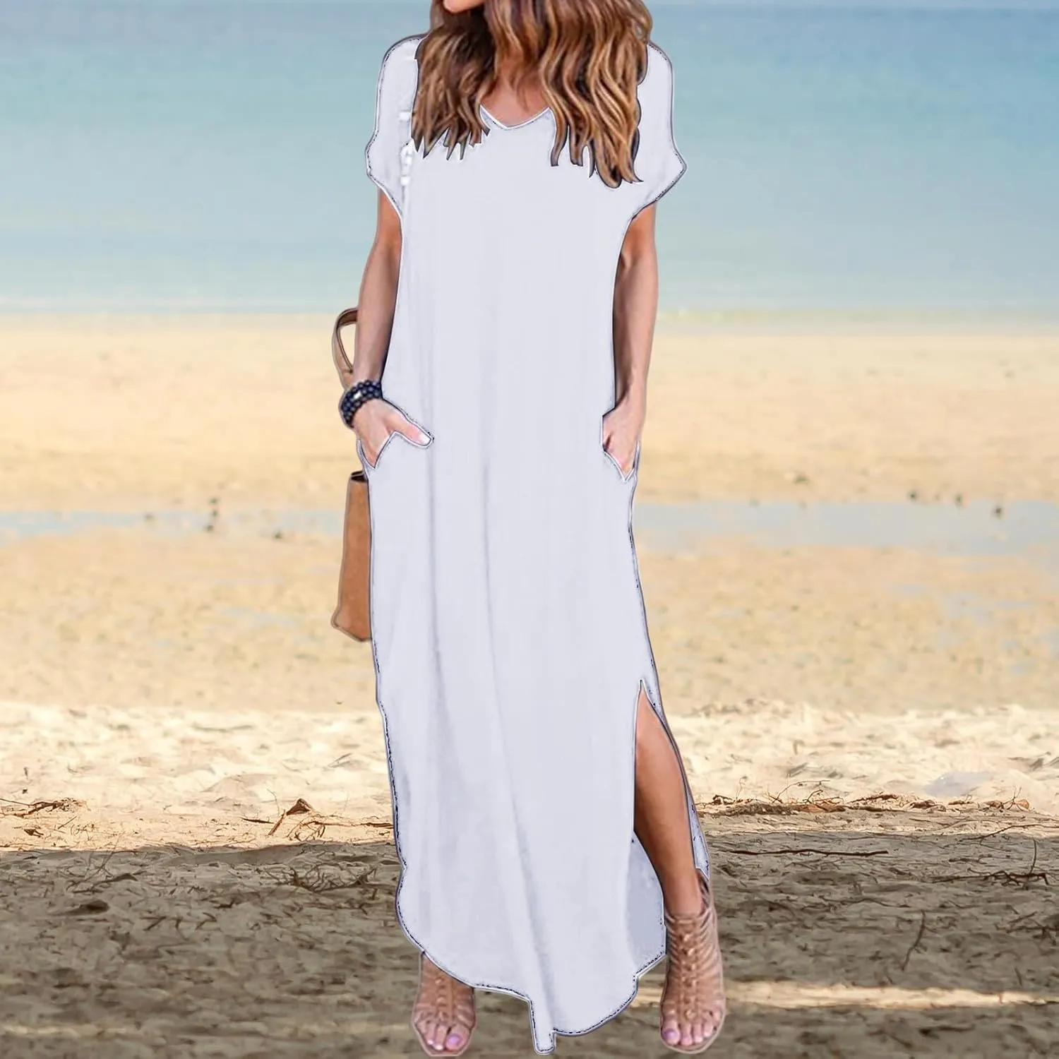Women's Summer Maxi Dress V Neck Short Sleeve Dresses Long Beach Split Dress Casual Loose Sundress with Pockets