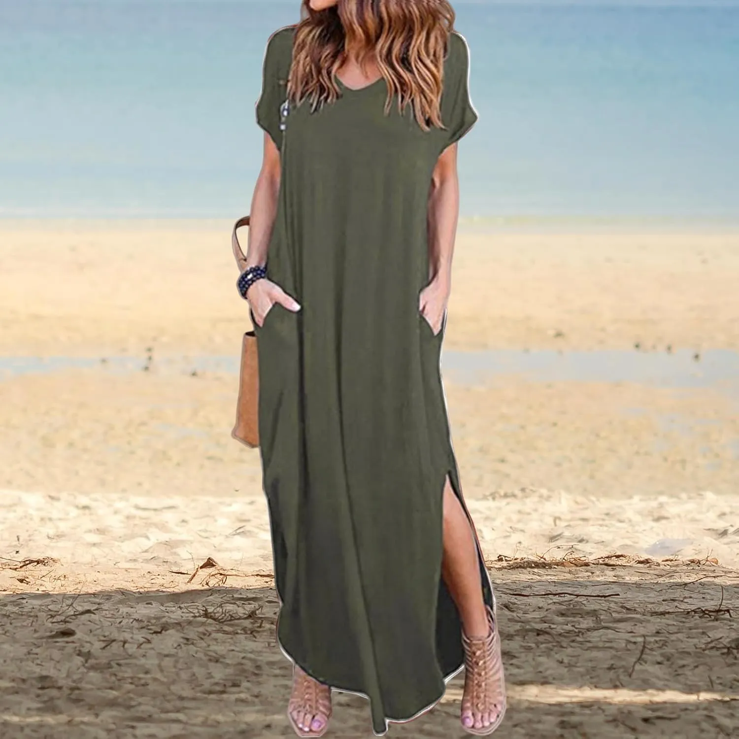 Women's Summer Maxi Dress V Neck Short Sleeve Dresses Long Beach Split Dress Casual Loose Sundress with Pockets