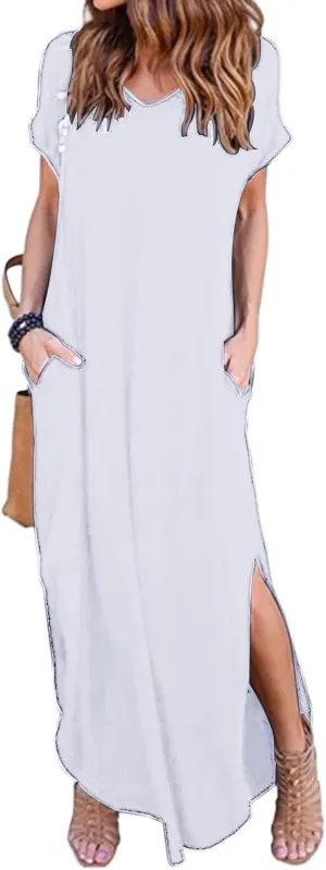 Women's Summer Maxi Dress V Neck Short Sleeve Dresses Long Beach Split Dress Casual Loose Sundress with Pockets