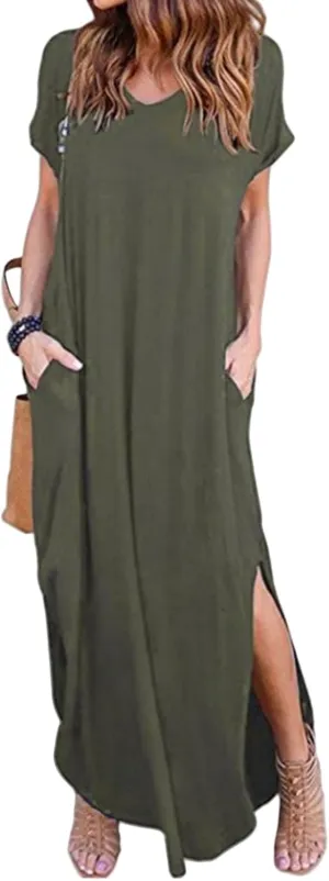 Women's Summer Maxi Dress V Neck Short Sleeve Dresses Long Beach Split Dress Casual Loose Sundress with Pockets