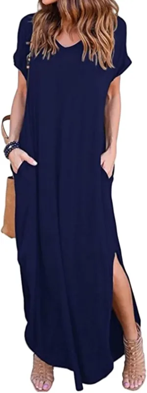 Women's Summer Maxi Dress V Neck Short Sleeve Dresses Long Beach Split Dress Casual Loose Sundress with Pockets