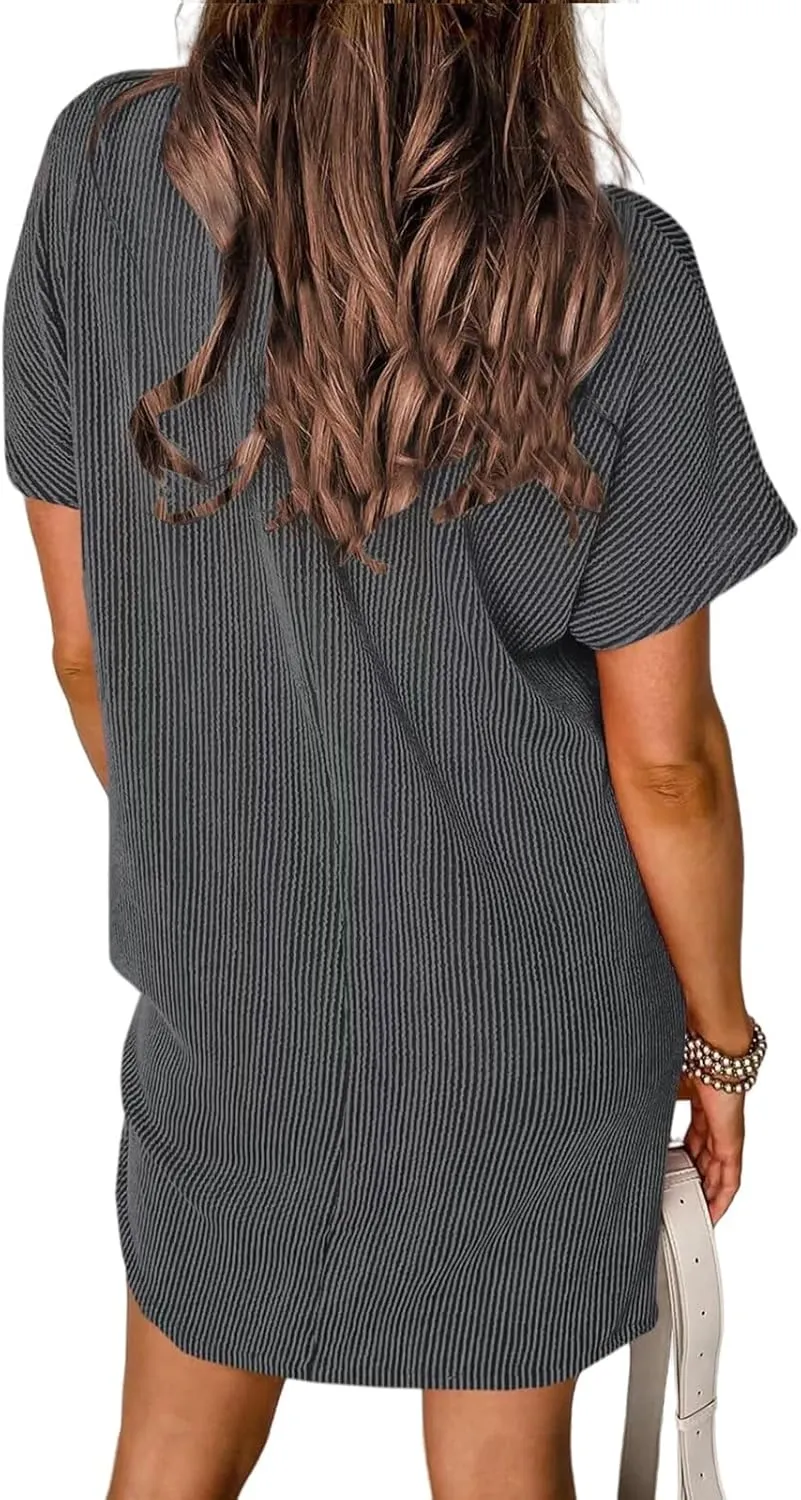 Womens Summer Mini Dress Casual Ribbed Knit Crew Neck Short Sleeve Dresses Loos Fit Texture Sundress with Pocket