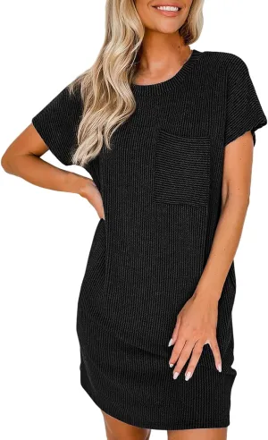 Womens Summer Mini Dress Casual Ribbed Knit Crew Neck Short Sleeve Dresses Loos Fit Texture Sundress with Pocket