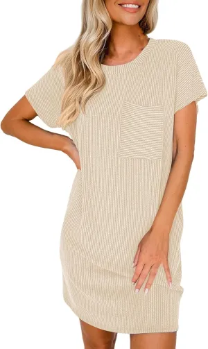 Womens Summer Mini Dress Casual Ribbed Knit Crew Neck Short Sleeve Dresses Loos Fit Texture Sundress with Pocket