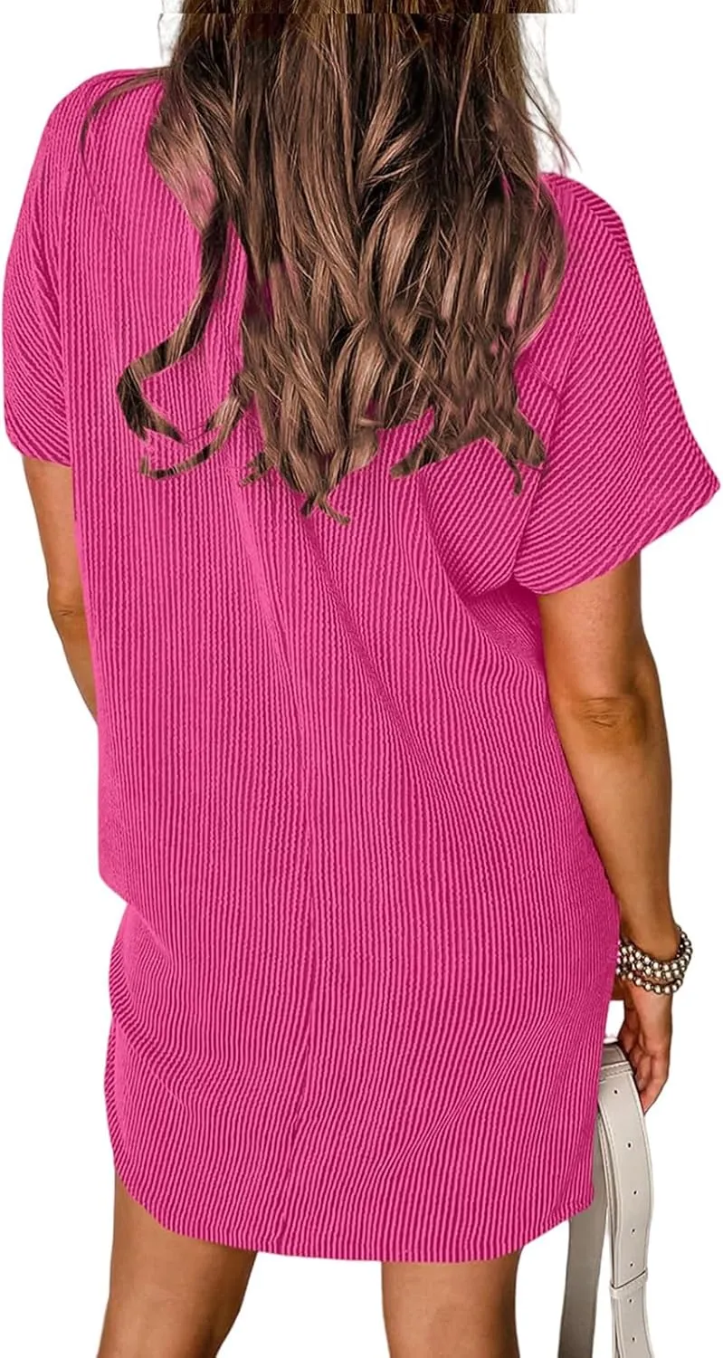 Womens Summer Mini Dress Casual Ribbed Knit Crew Neck Short Sleeve Dresses Loos Fit Texture Sundress with Pocket
