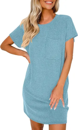 Womens Summer Mini Dress Casual Ribbed Knit Crew Neck Short Sleeve Dresses Loos Fit Texture Sundress with Pocket