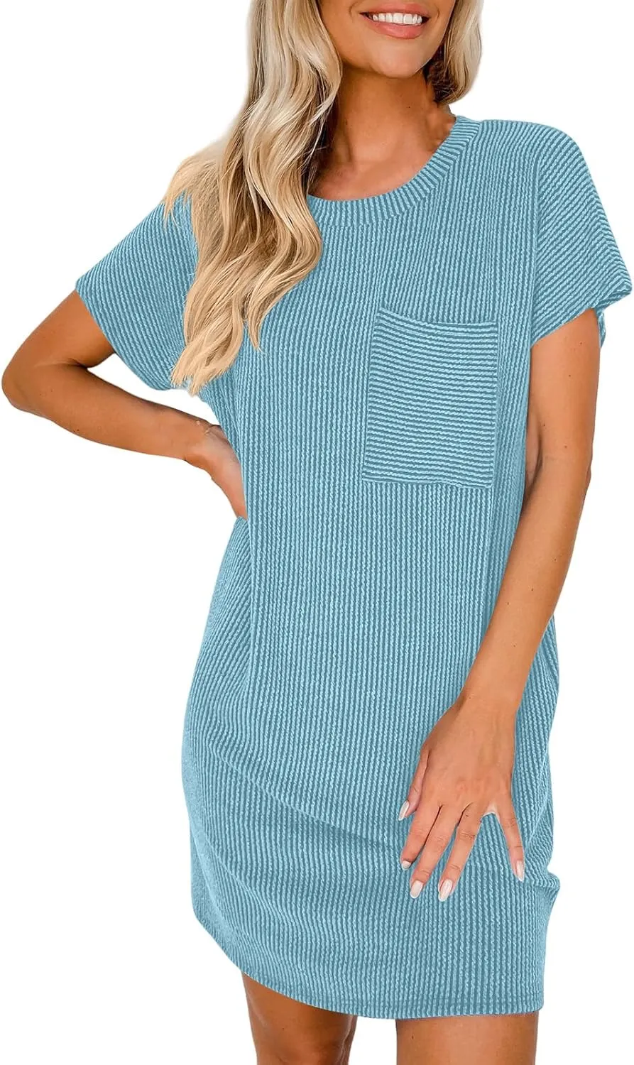 Womens Summer Mini Dress Casual Ribbed Knit Crew Neck Short Sleeve Dresses Loos Fit Texture Sundress with Pocket
