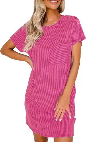 Womens Summer Mini Dress Casual Ribbed Knit Crew Neck Short Sleeve Dresses Loos Fit Texture Sundress with Pocket
