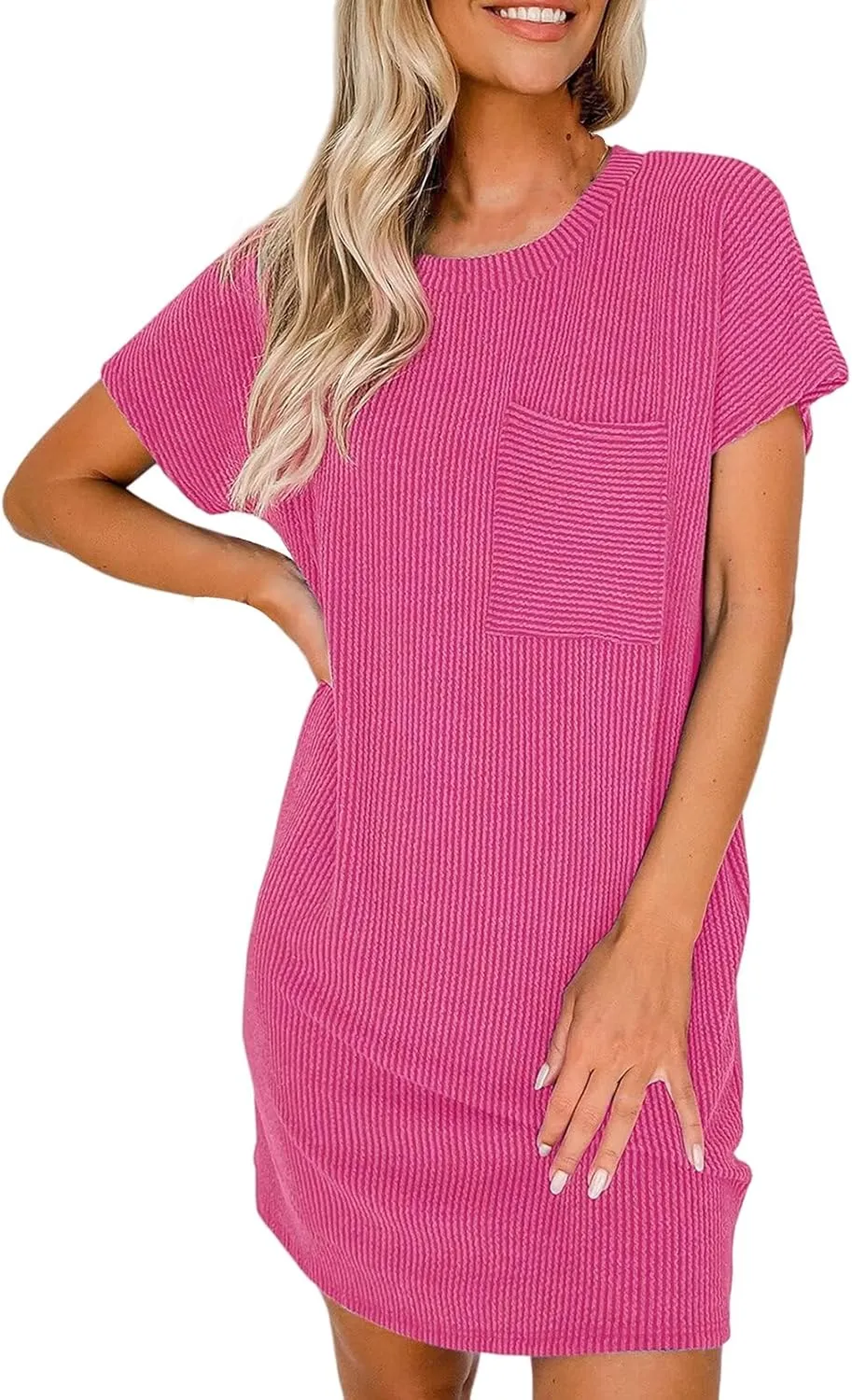 Womens Summer Mini Dress Casual Ribbed Knit Crew Neck Short Sleeve Dresses Loos Fit Texture Sundress with Pocket