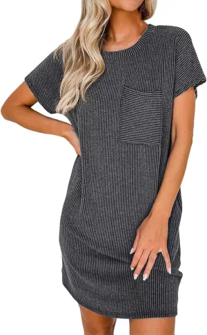 Womens Summer Mini Dress Casual Ribbed Knit Crew Neck Short Sleeve Dresses Loos Fit Texture Sundress with Pocket