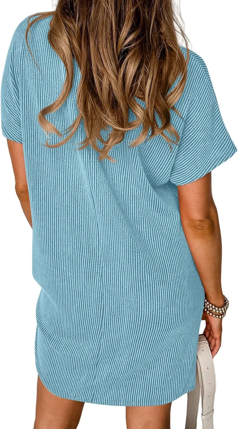 Womens Summer Mini Dress Casual Ribbed Knit Crew Neck Short Sleeve Dresses Loos Fit Texture Sundress with Pocket