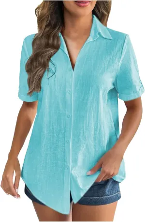 Womens Summer Tops 2025 Button Down Solid Color Short Sleeve T Shirts Plus Size Short Sleeve Casual Vacation Blouses