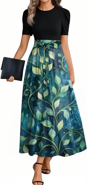 Women's Summer Wrap Maxi Dress Casual Boho Floral Printed Dress Crew Neck Belted Elegant Temperament Dresses