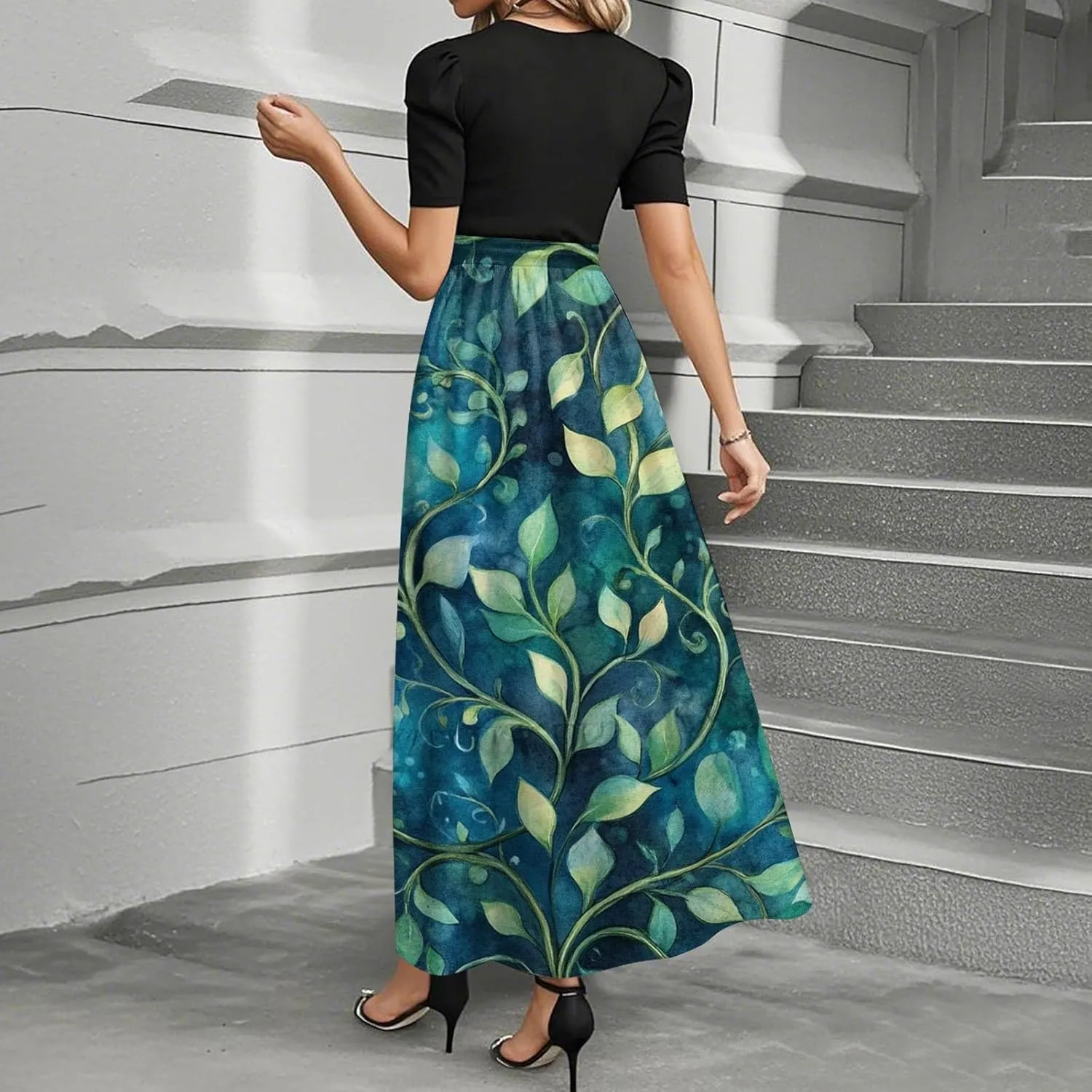 Women's Summer Wrap Maxi Dress Casual Boho Floral Printed Dress Crew Neck Belted Elegant Temperament Dresses